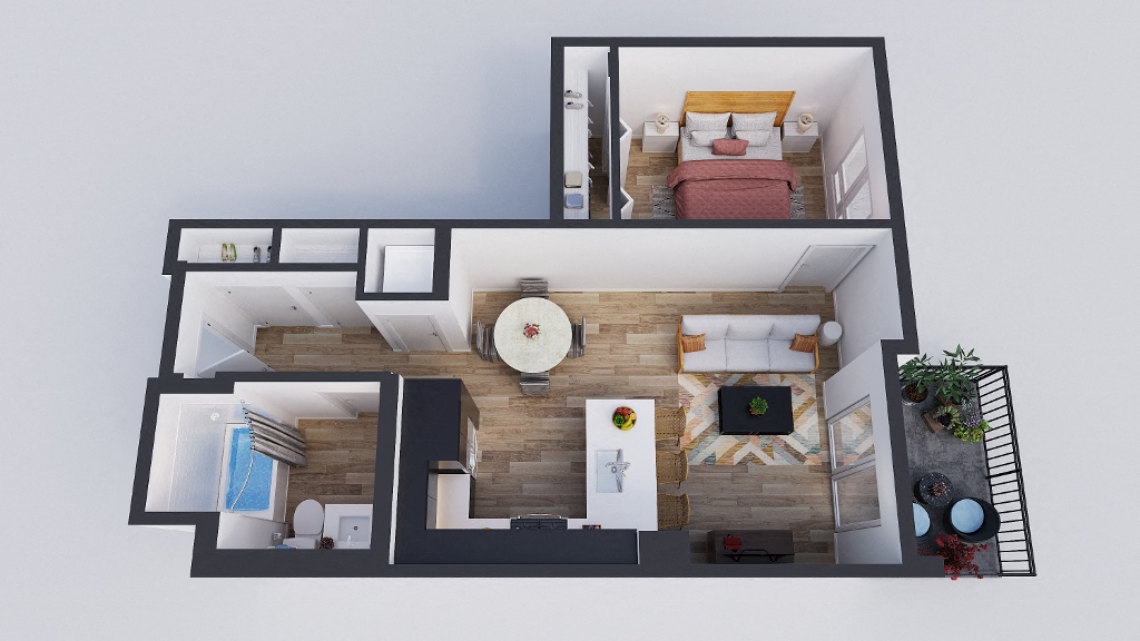Floor plan for 1 bed, 1 bath, 627 sqft